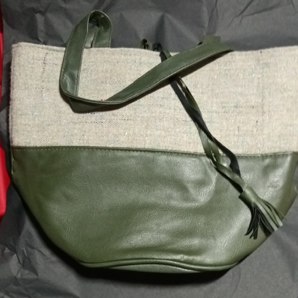 Victoria's Secret Olive Green and Beige Two-Tone Tote with Tassel Accent